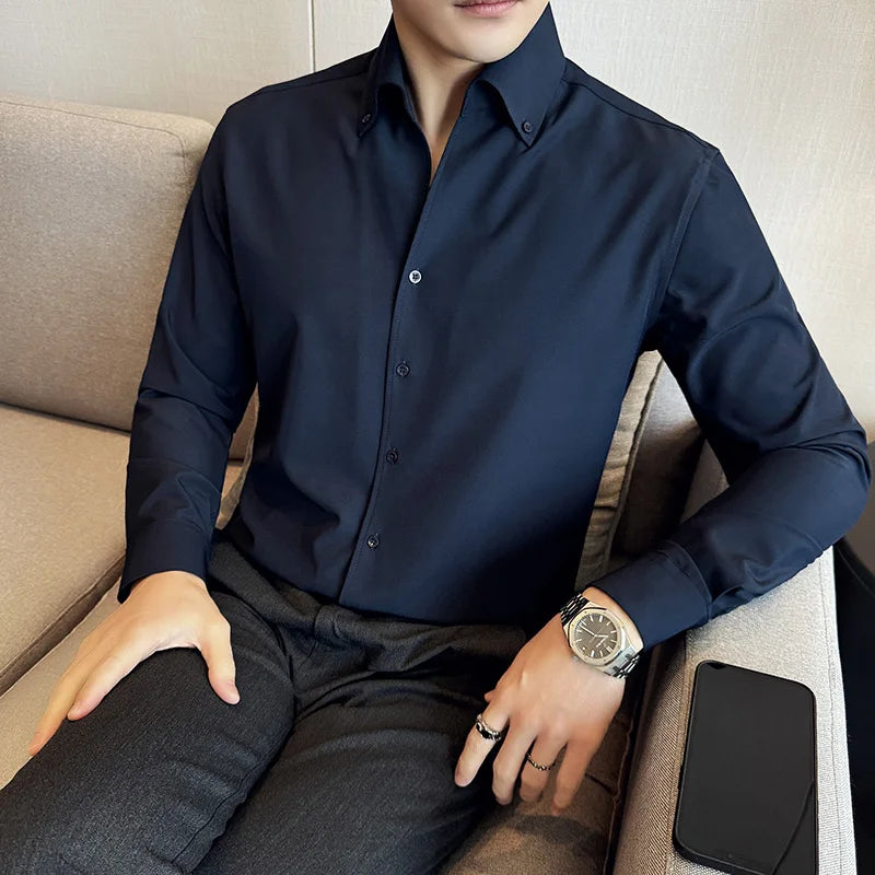Men Dress Shirt 2025 Autumn British Style Solid Casual Slim Fit Formal Camisas V-neck Long Sleeves Shirt Streetwear Men Clothing