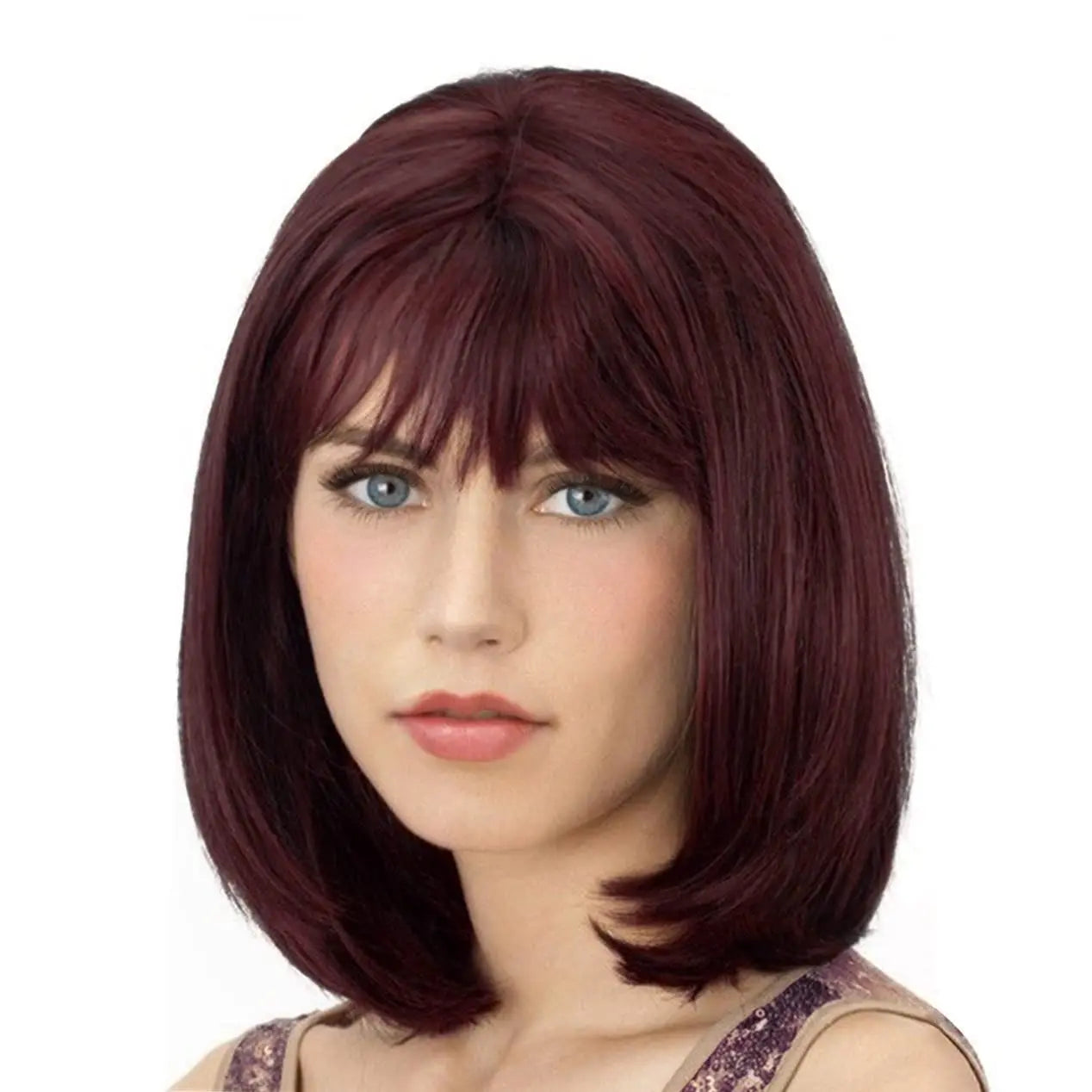 Wig with Bangs Darkest Brown Short Straight Wigs for Women Shoulder Length Heat Resistant Synthetic Natural Color Wigs