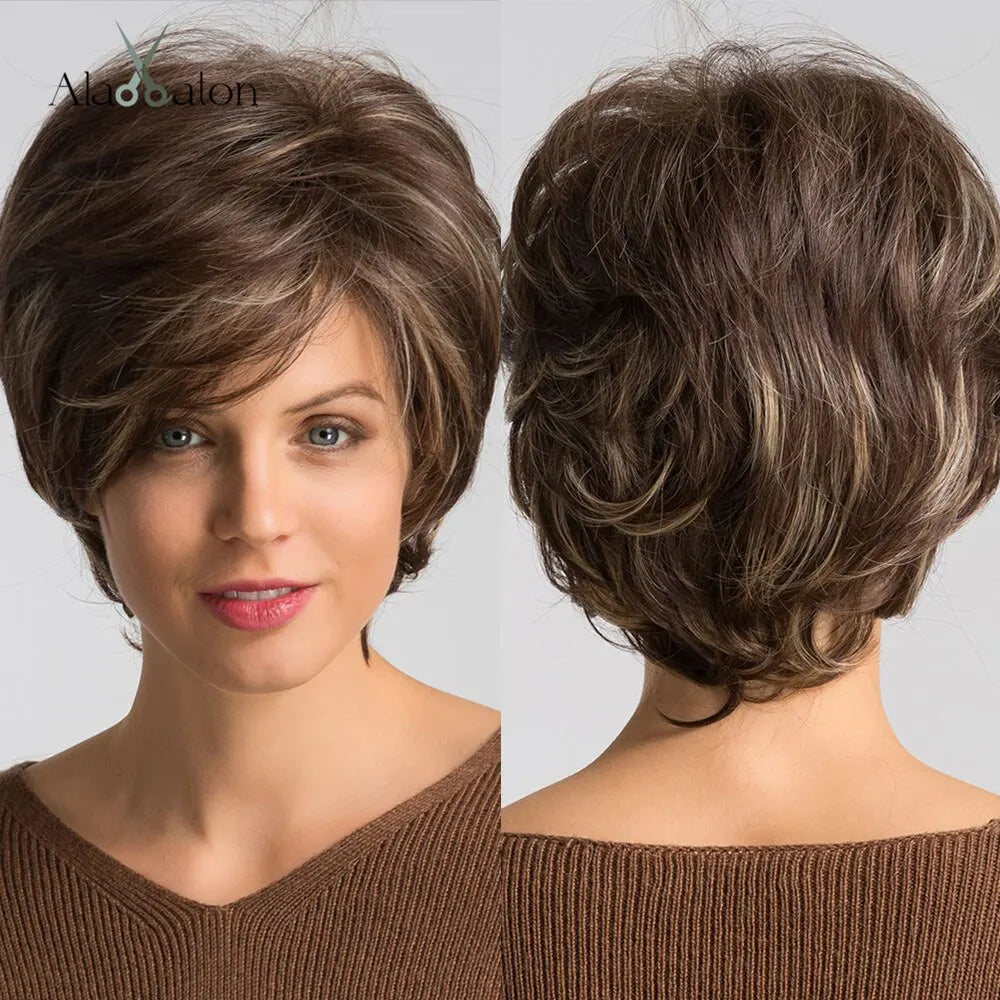 Short Pixie Cut Synthetic Wigs For Women Brown Mixed Blonde Wigs With Bangs Natural Looking Daily Use Hair Heat Resistant Fiber