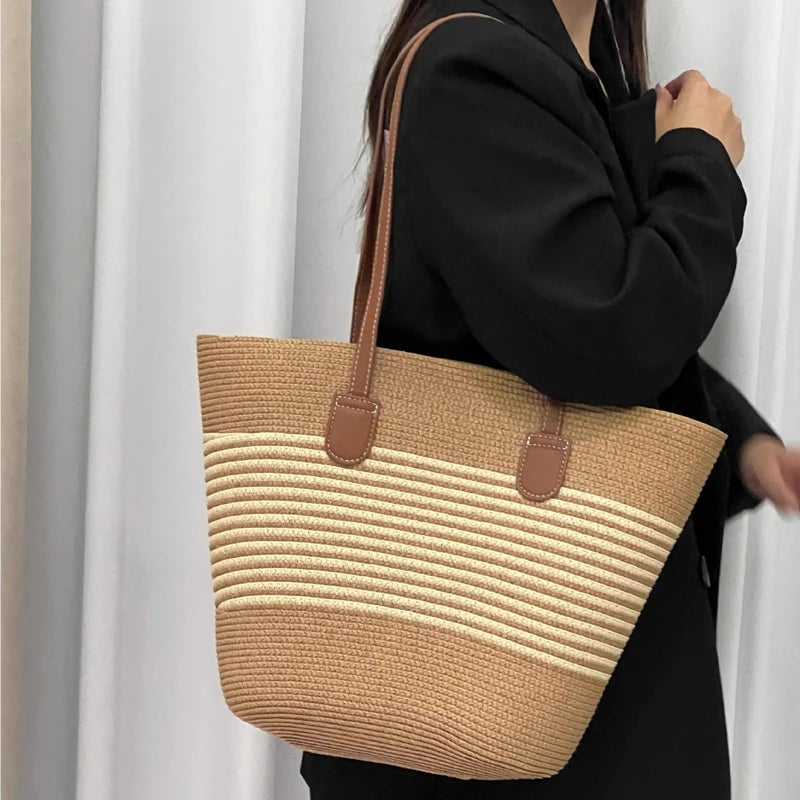 2025 New Beach Seaside Handbag Women's Summer Straw Bag Inswind Outdoor Travel Vacation Beach Bag Large Capacity Shoulder Bag