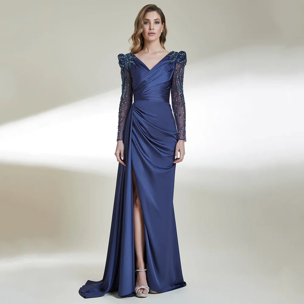 Dancing Evening Dress Customized V Neck Long Sleeves Pleat Beading Sequined High Split Formal Prom Gown Arabian Party Dresses