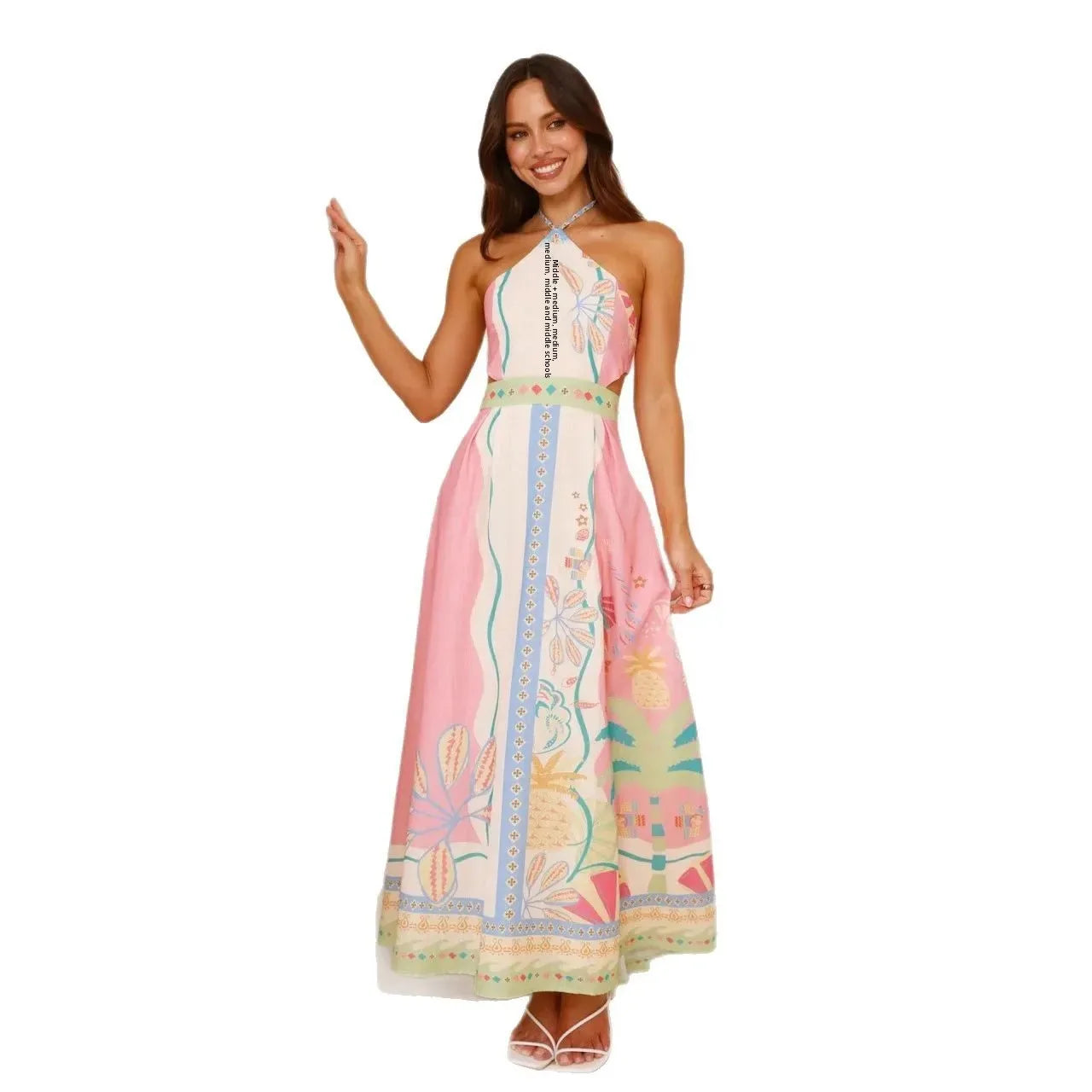 Sexy Long Neck Hanging Strap Backless Dress New 2025 Independent Station Cross-Border Sleeveless Knee-Length Polyester Fiber