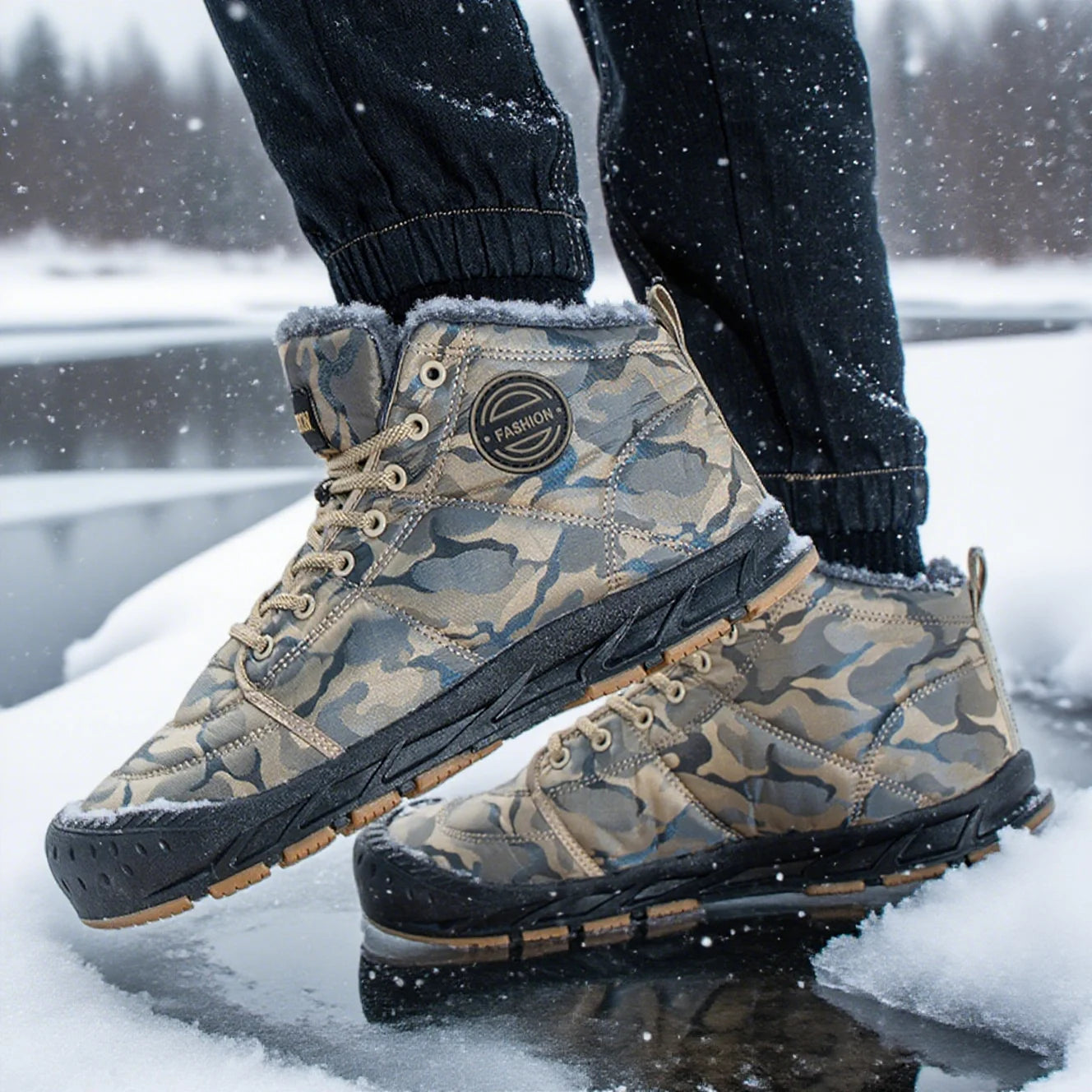 Winter Men's Snow Boots 2025 New Style Platform Warm Fur Ankle Boots Camo Design Plush Outdoor Non-slip Hiking Cycling Shoes