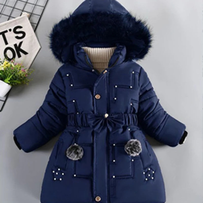 Winter Girls' New Nail Bead and Plush Thickened Waist Hair Collar Hooded Fashionable Windproof and Warm Cotton Jacket