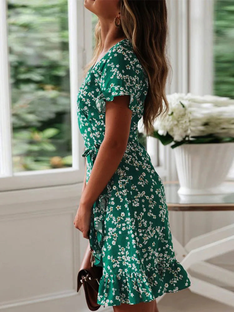 Boho Floral Print Ruffles Women Dress 2024 Summer Sexy V Neck Short Sleeve A Line Chiffon Mini Dresses Beach Vacation Sundress