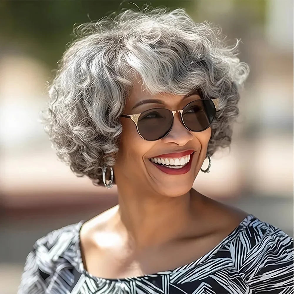 LULUCHIC Seniors Salt & Pepper Wig Loose Curly Short Bob Silver Gray Human Hair Minimalist Glueless Wigs Brazilian Vingin Hair