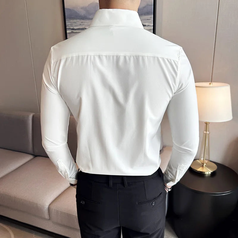Men Dress Shirt 2025 Autumn British Style Solid Casual Slim Fit Formal Camisas V-neck Long Sleeves Shirt Streetwear Men Clothing