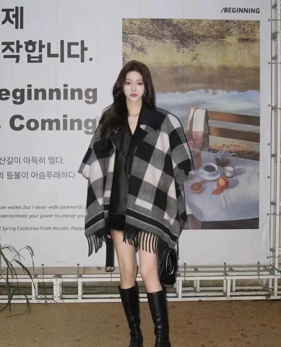 2024 Winter Women Faux Woolen Loose Tassel Shawl Capes Cashmere Wear Warm Thick Poncho Cardigan Lady Printed Plaid Blanket