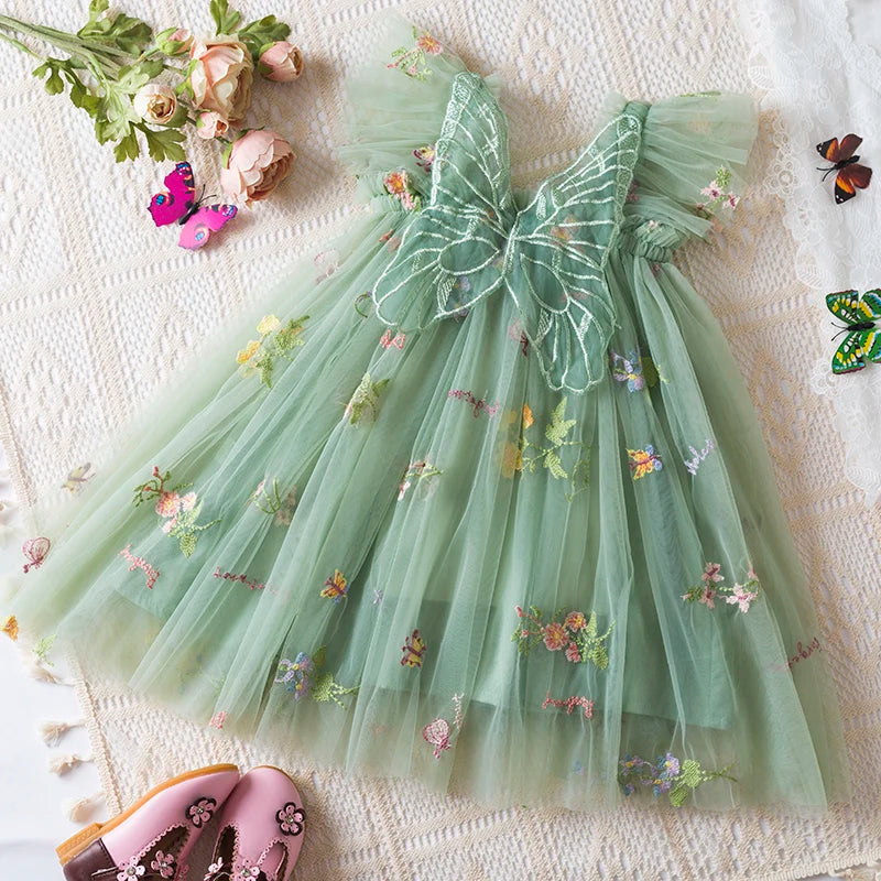 Baby Girls Dresses Princess Birthday Party Sweet Baby Girls Dresses Back Bow Wings Fairy Strap Embroidered Butterfly Mesh Dress