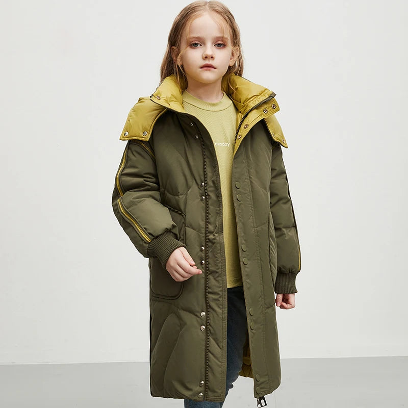 Kids Girls Winter Long Down Coat Contrast Color Double Wear Hooded White Duck Down Jacket 4-12Y Children Warm Outwears