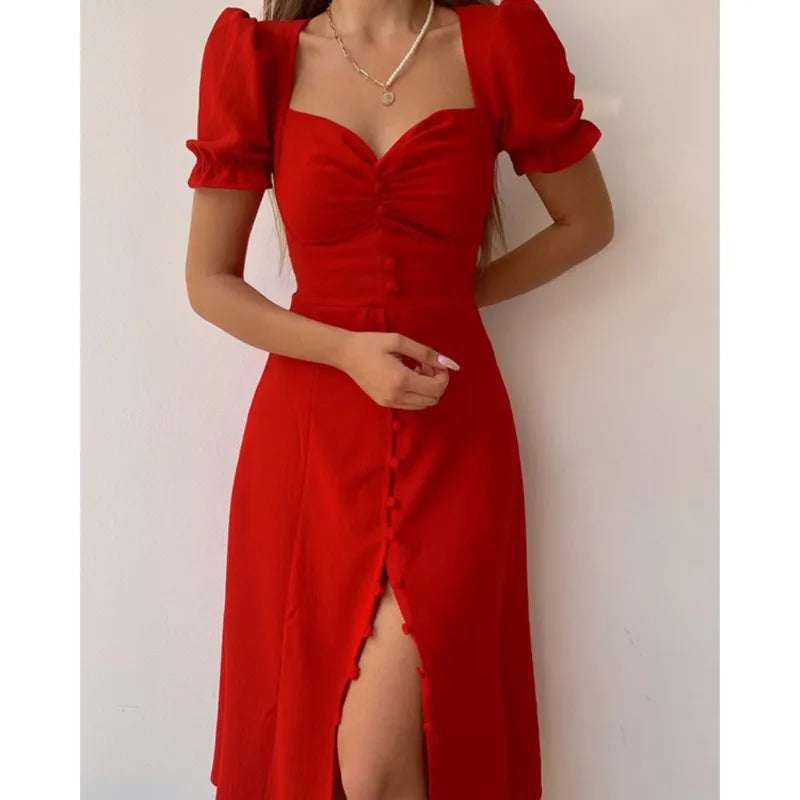 Dresses For Women 2025 Summer New V Neck Short Sleeve Single-breasted Midi Dress Elegant Holiday Casual Robes Sexy Slit Vestidos