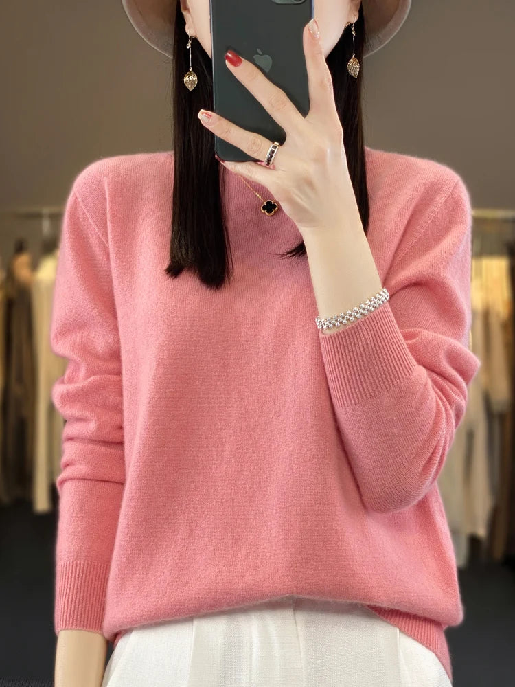 Autumn Winter Women Clothing Pullover New Fashion 100% Merino Wool Sweater Cashmere Tops Basic O-Neck Long Sleeve Knitwear