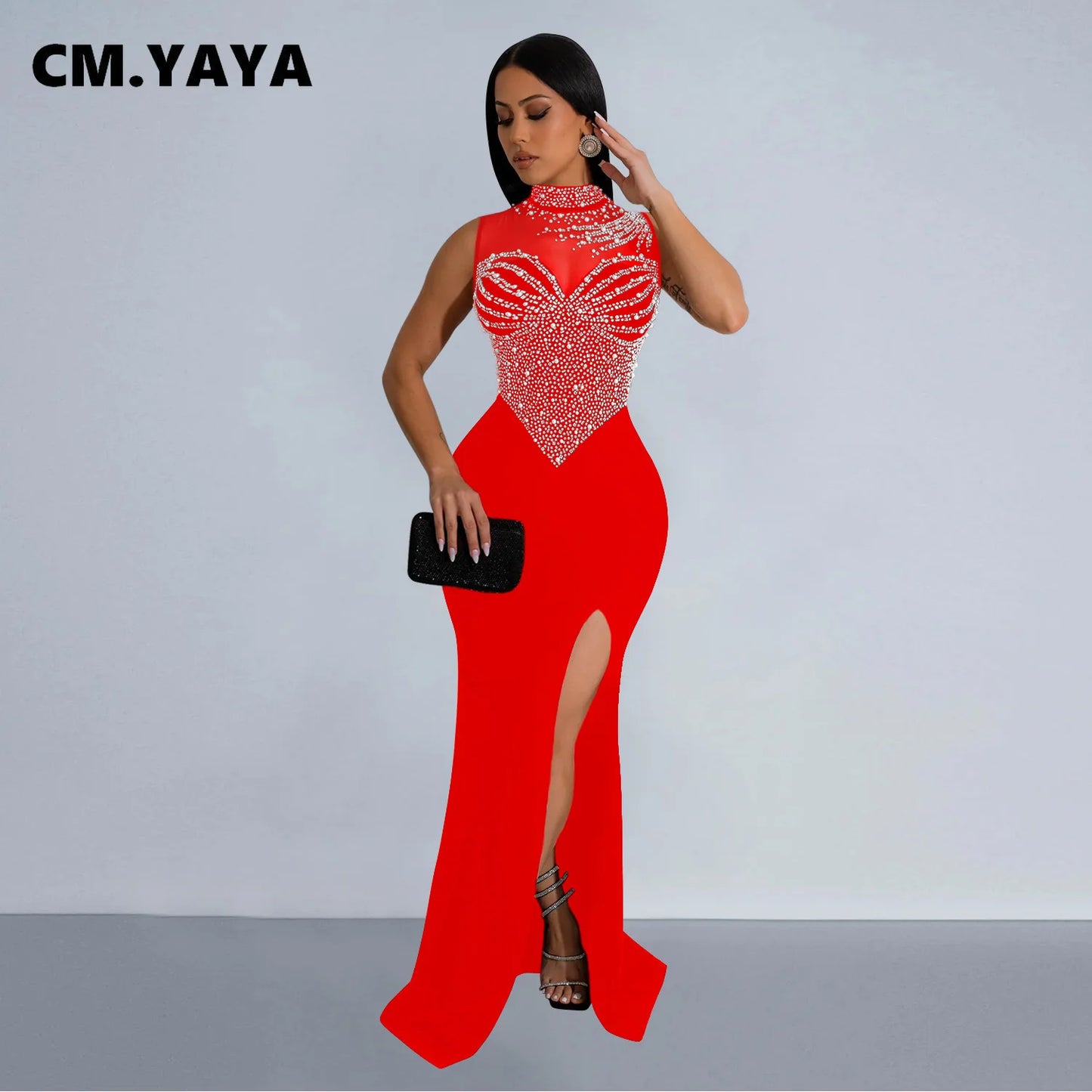 CM.YAYA Women Sleeveless Diamonds Hot Rhinestones High Side Split Mermaid Maxi Long Dress 2024 Even Sexy Party Dresses Vestidos
