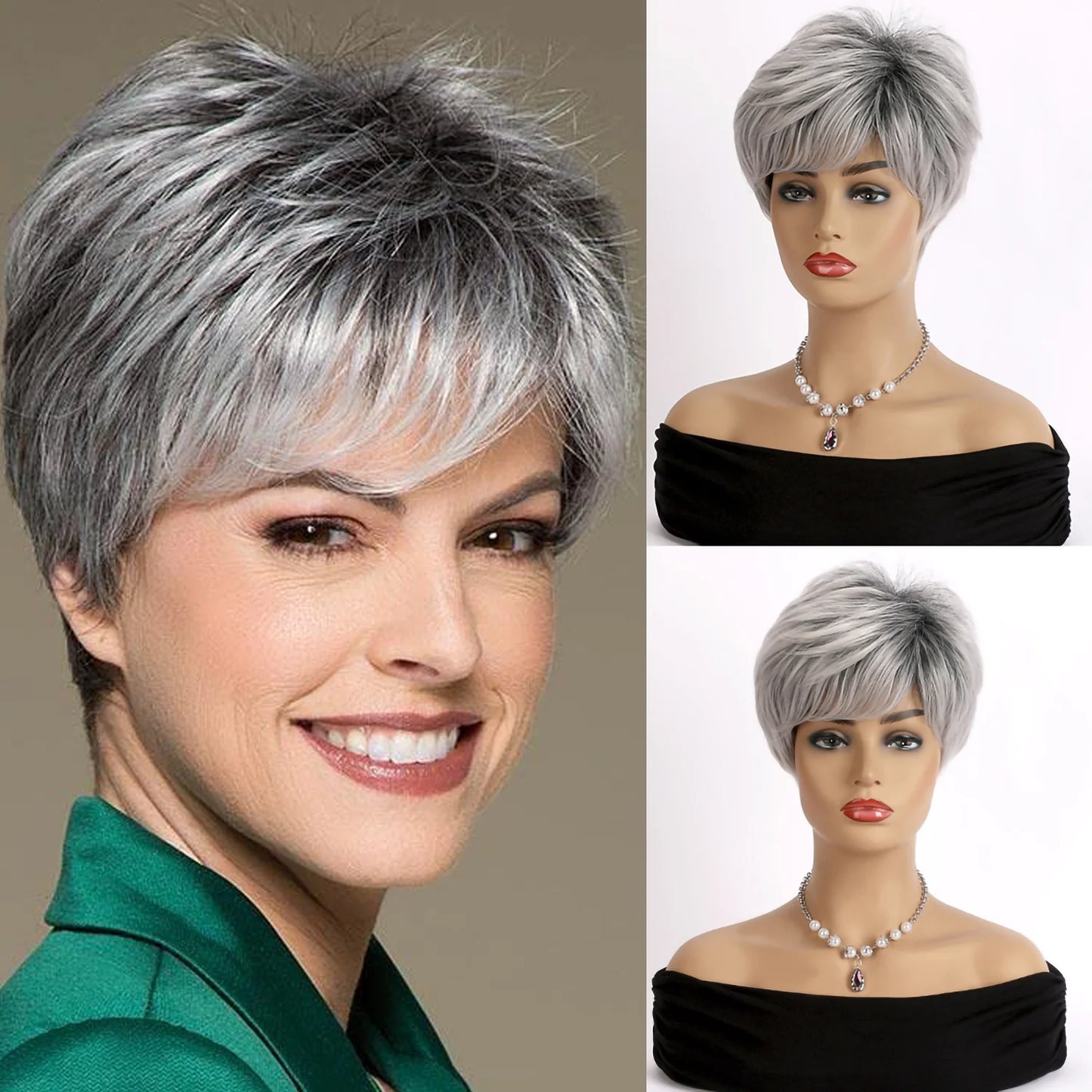 Short Grey Wigs for Women Gray White Pixie Cut Wigs with Dark Root Layered Synthetic Short Hair Wigs Natural Looking