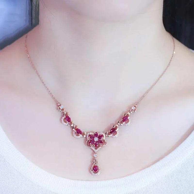 Luxury Rose Golden Elegant Flower Ruby Necklace for Women Romantic Luxury Crystal Pendant Dinner wedding Jewelry
