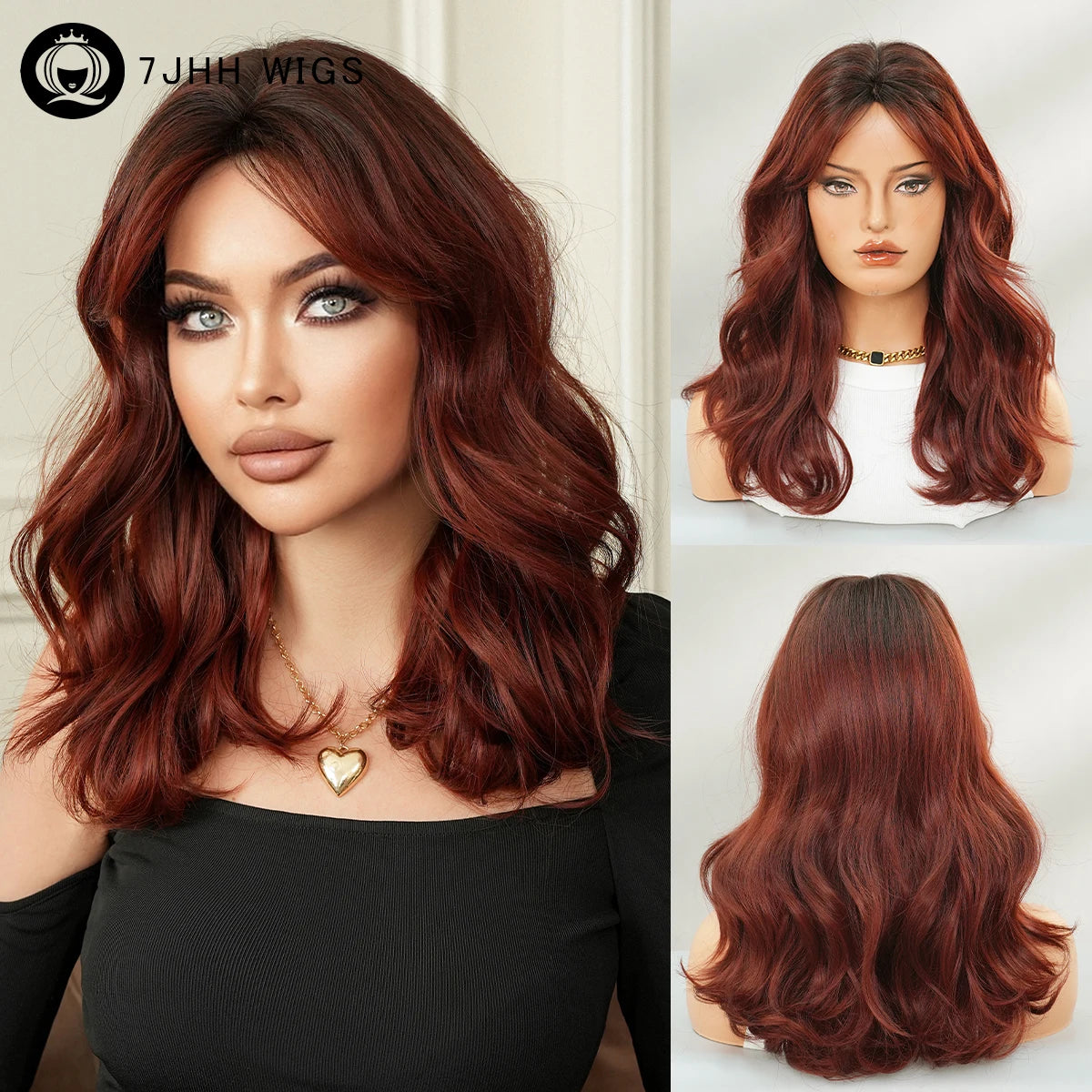 Shoulder Length Body Wave Wine Red Wig for Women High Density Synthetic Layered Modest Fashion Middle Part Wigs with Dark Roots