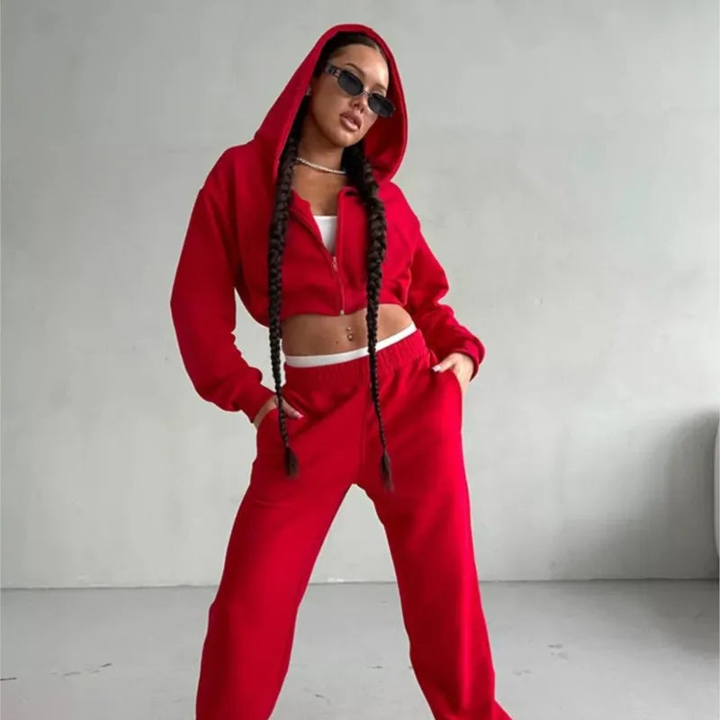 2025 New Women's Casual Long Sleeve Hooded Cropped Zip-Up Cardigan & Drawstring Sweatpants Two-Piece Active Lounge Set