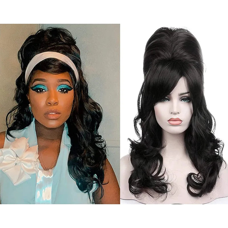 Vintage Wig Long Wavy Black Wig Big Bouffant Beehive Wigs for Women for 50s 80s Costume