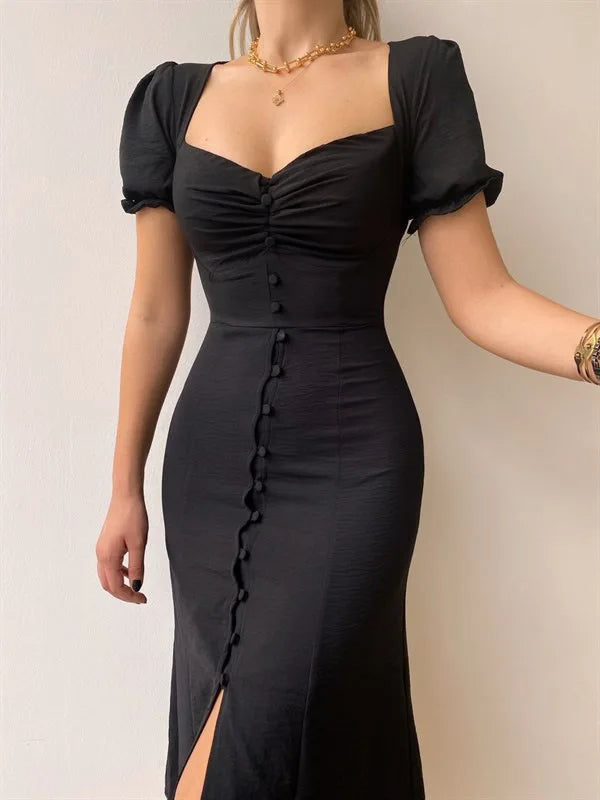 Dresses For Women 2025 Summer New V Neck Short Sleeve Single-breasted Midi Dress Elegant Holiday Casual Robes Sexy Slit Vestidos