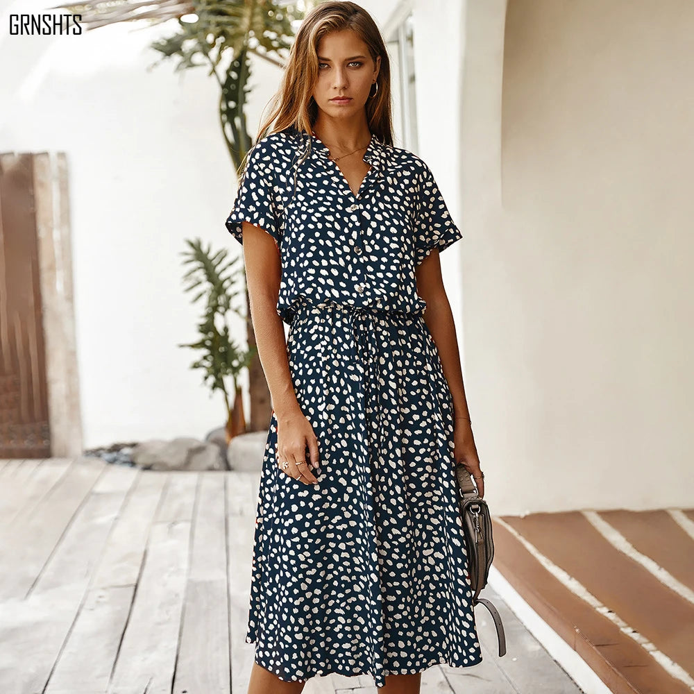 Vintage Floral Print Dress Women Boho Short Sleeve Long Dress Turn Down Collar Casual Waistband Shirt Dresses Robe 2021 Summer