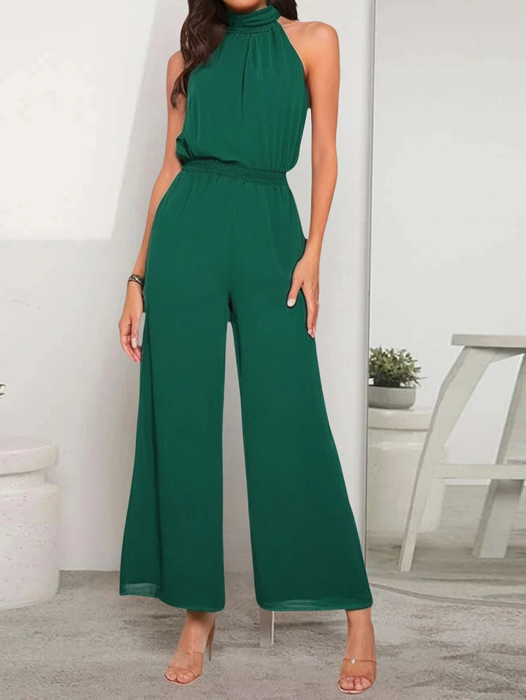 2025 Spring and Summer New Women's Casual Solid Colour Hanging Neck Sleeveless Wide-Leg Jumpsuit Best Choice for Summer