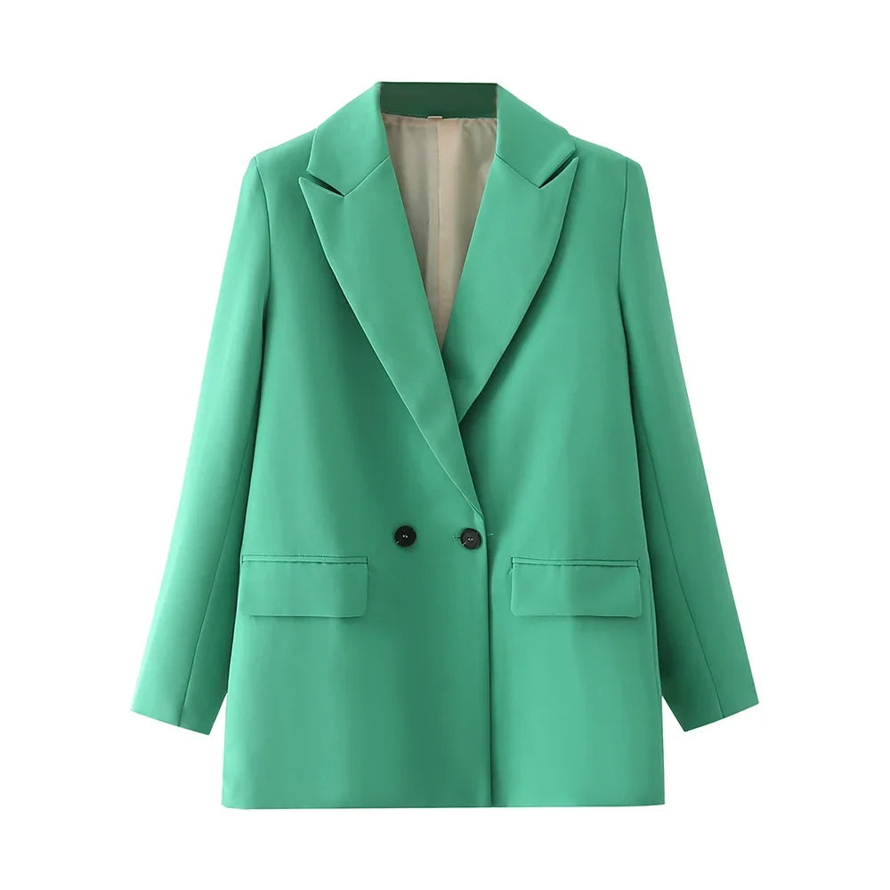 Women Black Blazer 2025 Fashion Office Wear Double Breasted Blazer Coat Vintage Long Sleeve Pockets Female Outerwear Chic Tops