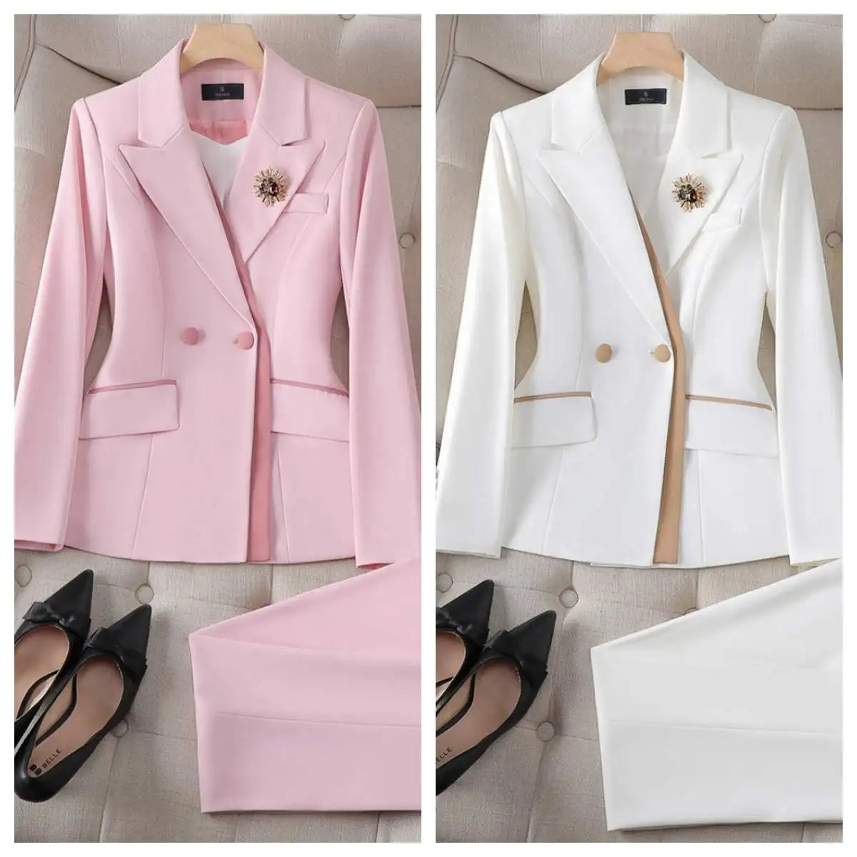 Fashion Pink White Women Pant Suit 2 Piece Set Office Ladies Female Business Work Wear Formal Blazer Jacket And Trouser