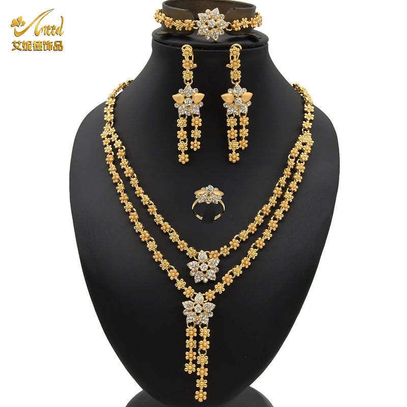 ANIID African Jewelery Sets Flower Earrings Choker Necklace Bracelet Hawaiian Indian Dubai Golden Jewelry For Women Accessories