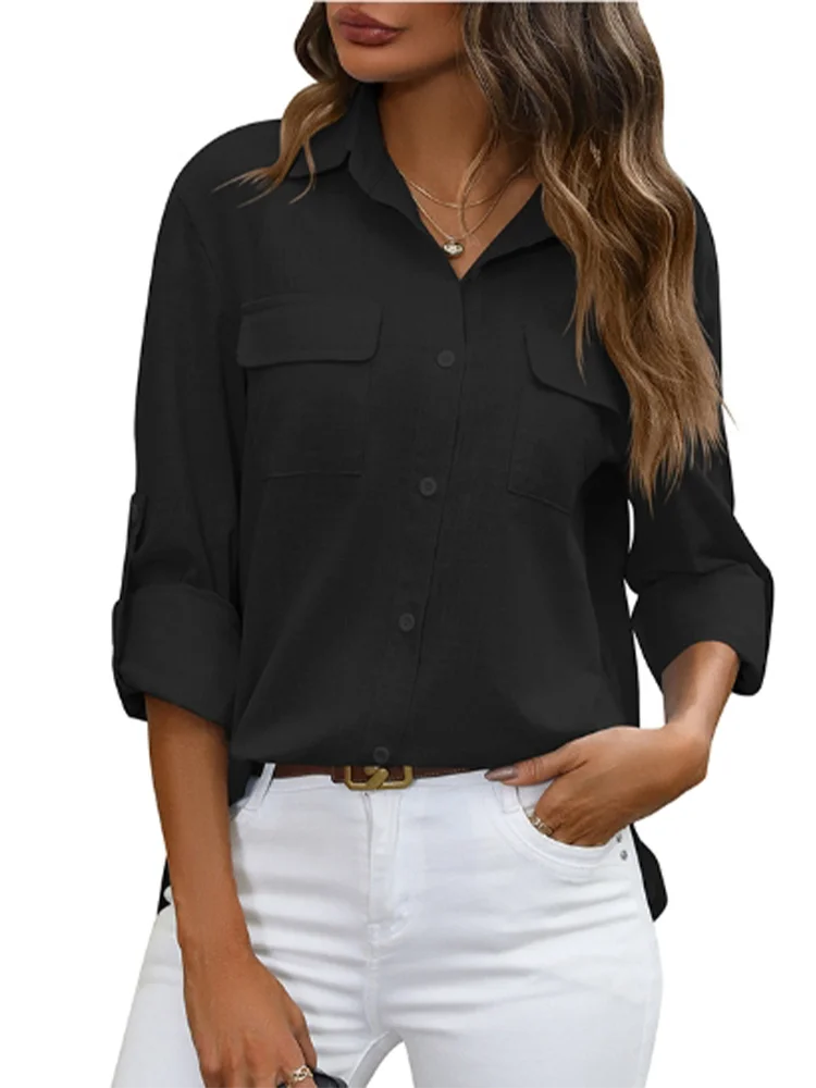 Lapel Solid Color Long Sleeved Pocket Button Women's T-shirt Daily Office Casual Elegant Spring Top
