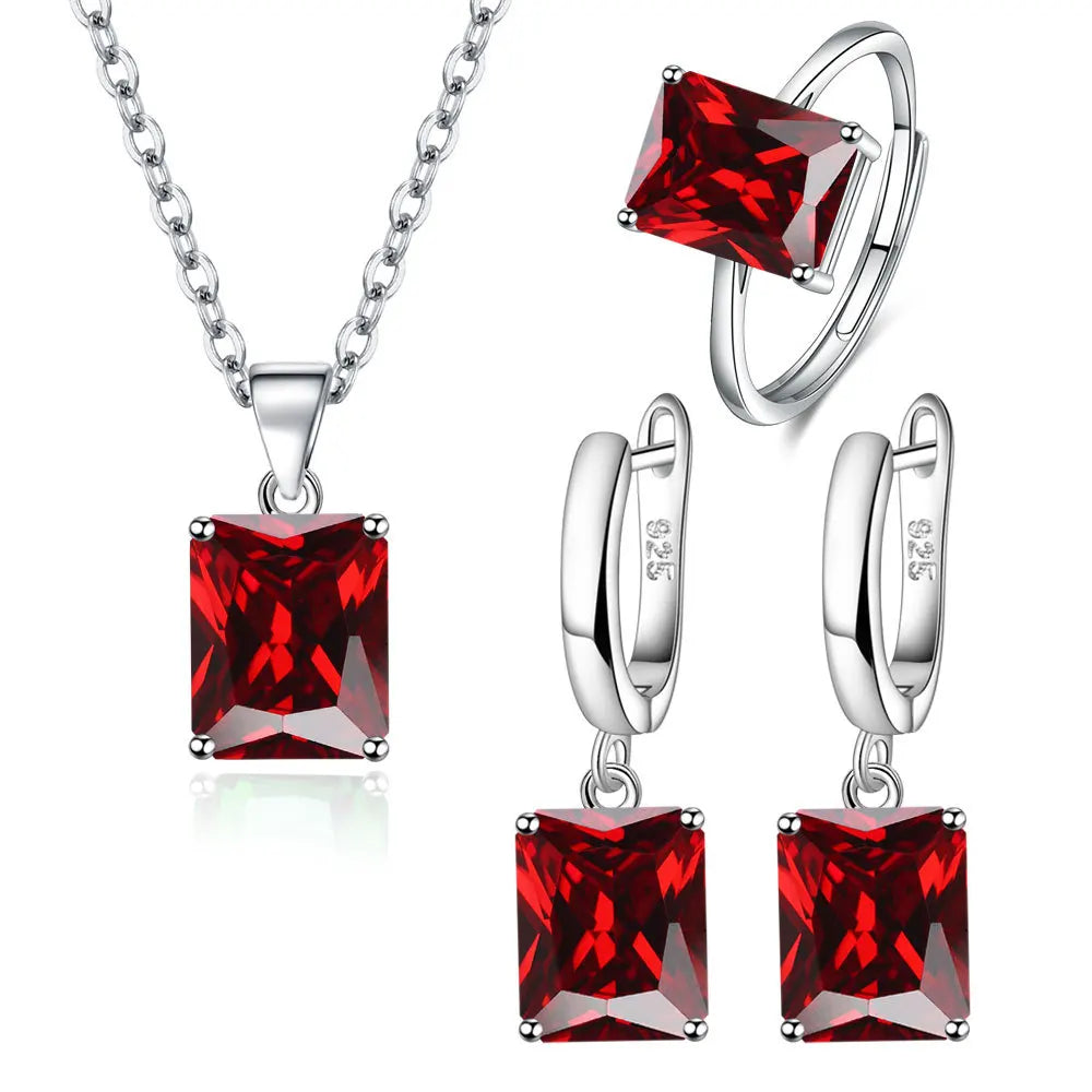 925 Sterling Silver Elegant Jewelry Sets Ring Earrings Necklace For Women Rectangle Geometry Zircon Wedding Accessories