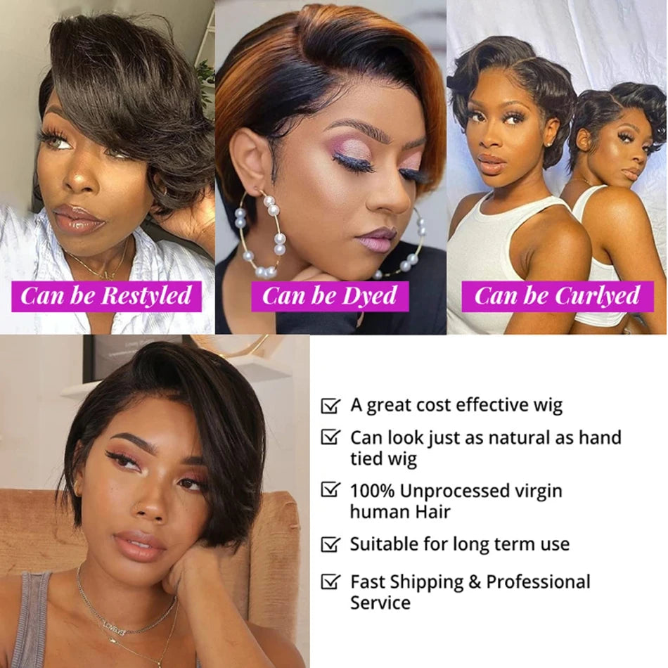 100% Human Hair 13X1 Short Pixie Cut Wigs Straight Bob HD Transparent Lace Frontal Wigs For Black Women 250Density Perruque