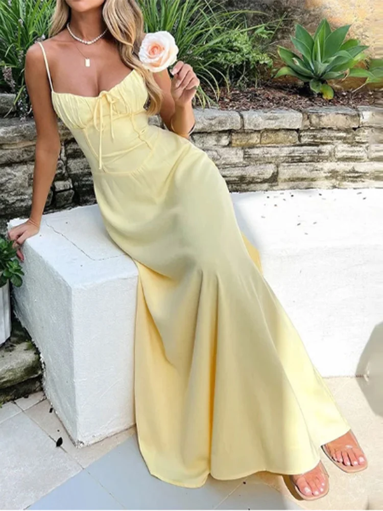 V-neck Sleeveless Camisole Solid Color Lace Up Women's Dress Fashionable Street Vacation Elegant Style Summer Dresses