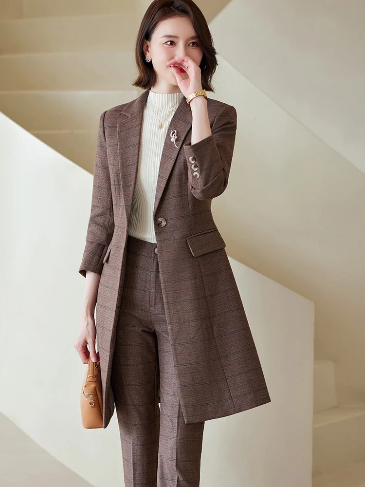 Women Work Business Wear Pant Suit Red Blue Black Coffee Plaid Long Blazer 2 Pieces Set Female Office Ladies Jacket and Trouser
