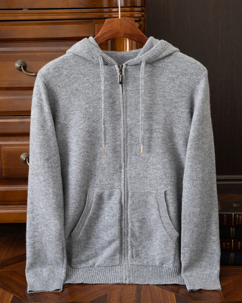 24 men's autumn and winter 100% pure wool cardigan hooded with pocket solid color thick sweater casual cashmere knitted jacket