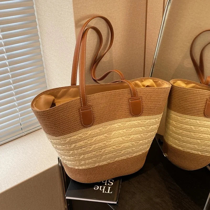 2025 New Beach Seaside Handbag Women's Summer Straw Bag Inswind Outdoor Travel Vacation Beach Bag Large Capacity Shoulder Bag