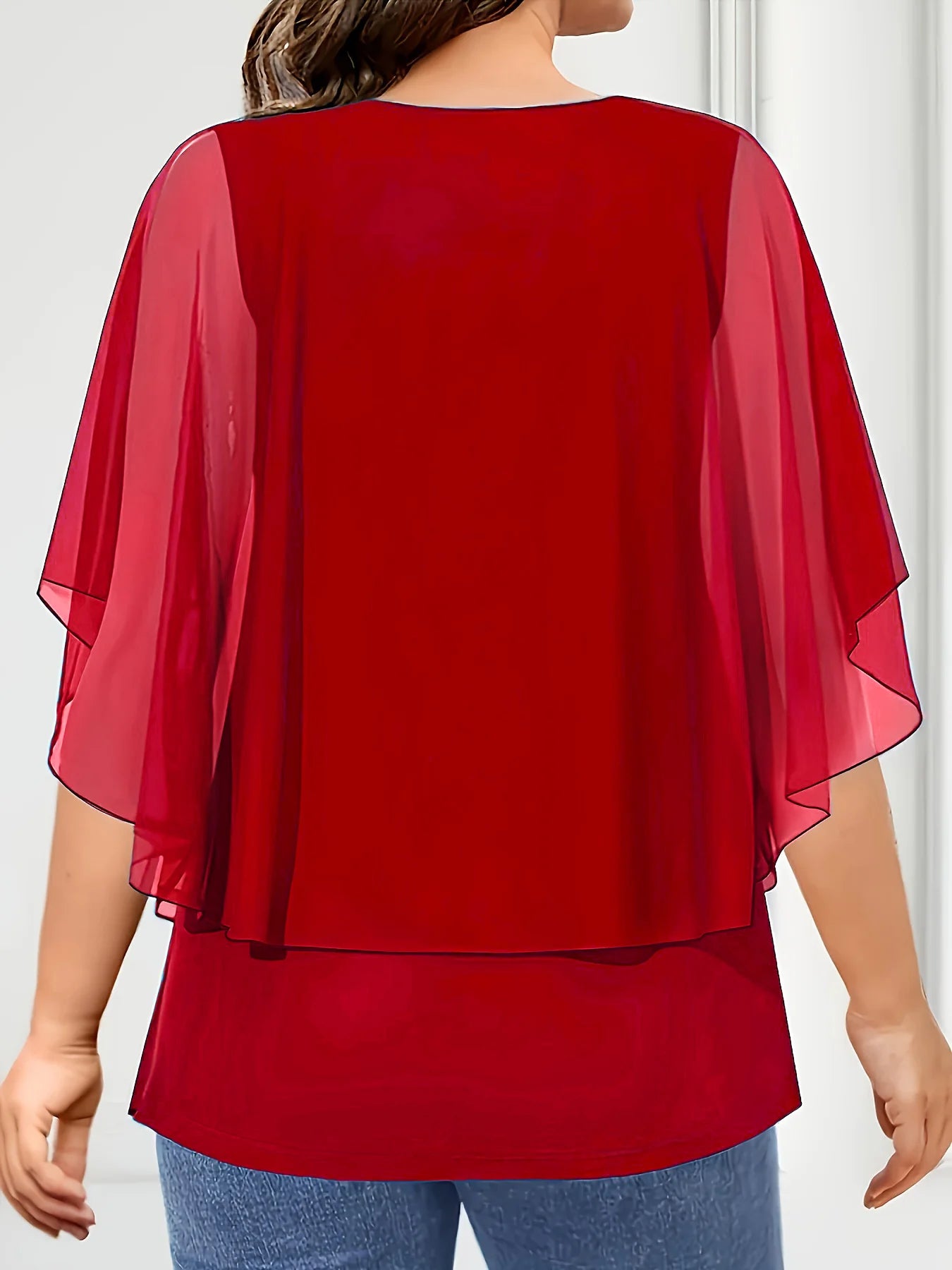 Plus Size Women's Blouse V-Neck Pullover Batwing Sleeve Sparkly Layered Shirts Blouse Women'S Clothing Casual Summer Top