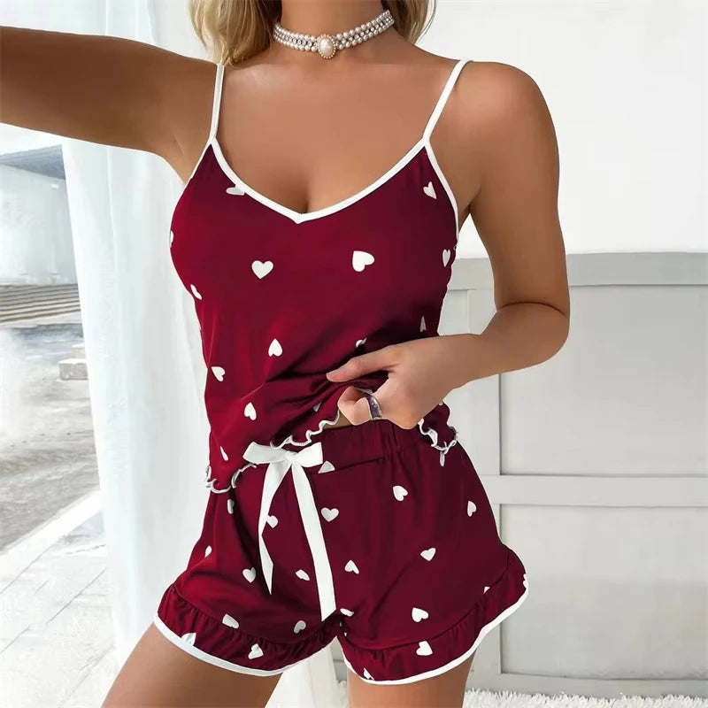 Summer Sleepwear Women Sleepwear Sleeveless Shorts Set 2 PieceS Lace Sleepwear Vest Sleeping Home Clothes New Valentine's Gift