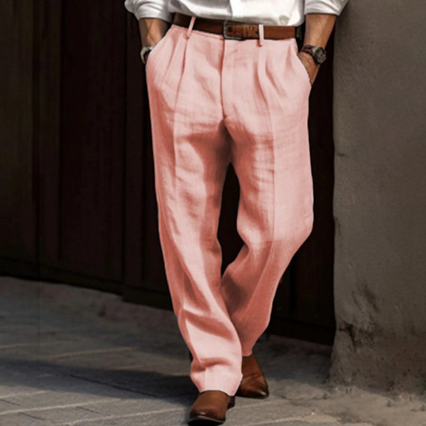 Man Pants Casual pantalones hombre Front Pocket Wide Leg Pants Elastic Waist Belt Loose Comfortable breathable Daily Pants