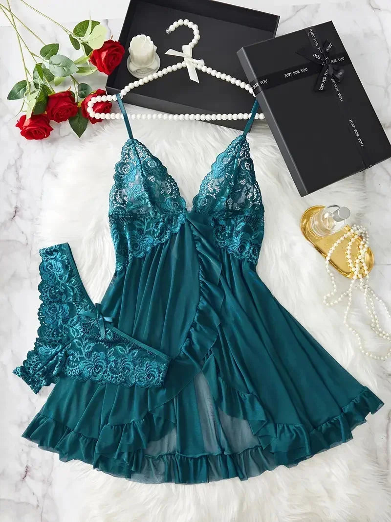 Women Nightdress Sexy Lace Chemise Bow Nightgown Sleepwear Solid Slim Soft Dresses V Neck Full Slip Sleepwear & Dresses