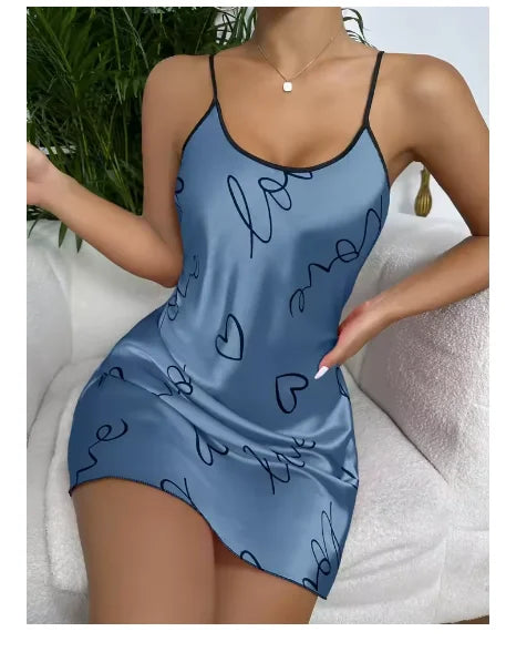 Sleepwear Women's Sexy Lingerie Heart Print Nightdress Scoop Neck Criss Cross Back Sleepdress Nightgowns Pajamas Nighties