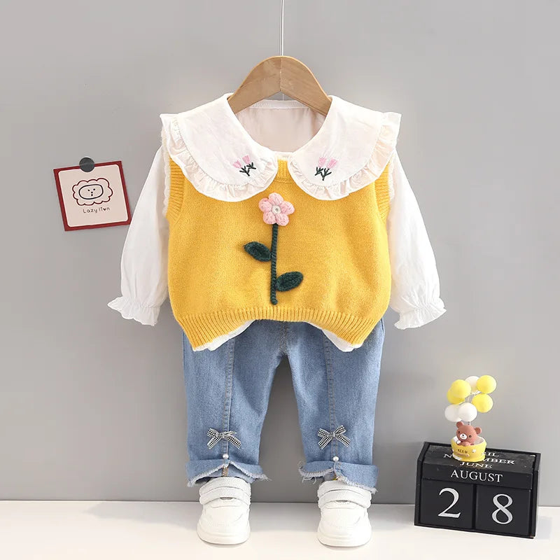 Spring newborn Baby Girls' Clothes Outfit sets Knitted Vest Shirt Bow Jeans suit for Girls Baby clothing 1st birthday wear sets