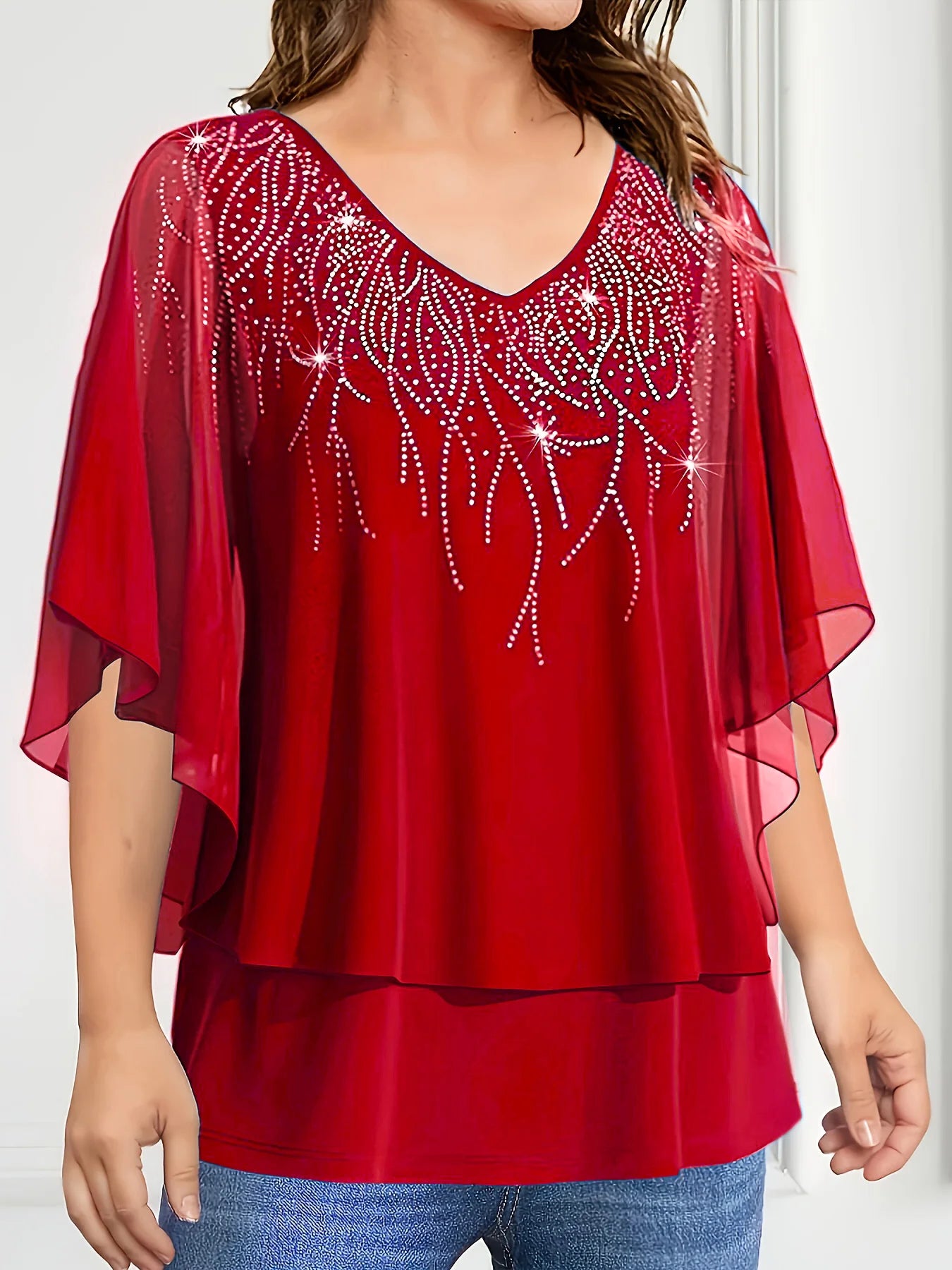 Plus Size Women's Blouse V-Neck Pullover Batwing Sleeve Sparkly Layered Shirts Blouse Women'S Clothing Casual Summer Top