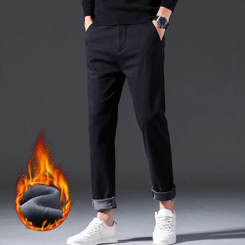 Winter Mens Clothing Warm Casual Pants 98% Cotton Fleece Straight Business Thicken Men Pants Stretch Classic Velvet Trousers