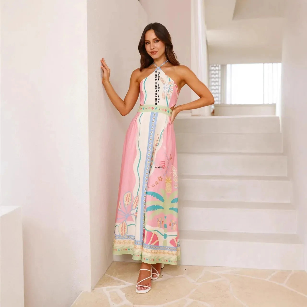 Sexy Long Neck Hanging Strap Backless Dress New 2025 Independent Station Cross-Border Sleeveless Knee-Length Polyester Fiber