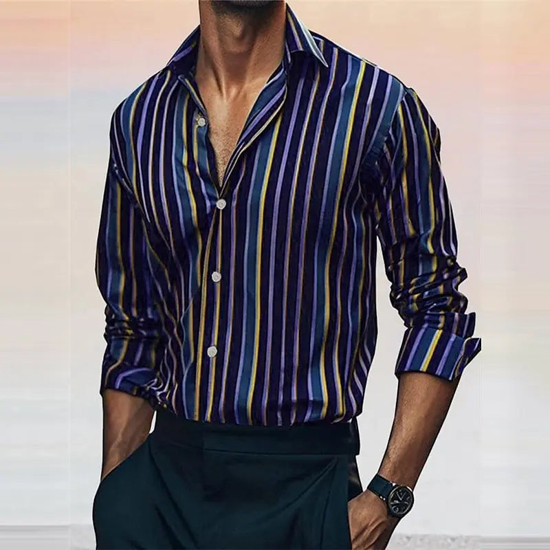 Men's striped shirt fashionable casual outdoor long sleeved lapel button soft and comfortable material new style