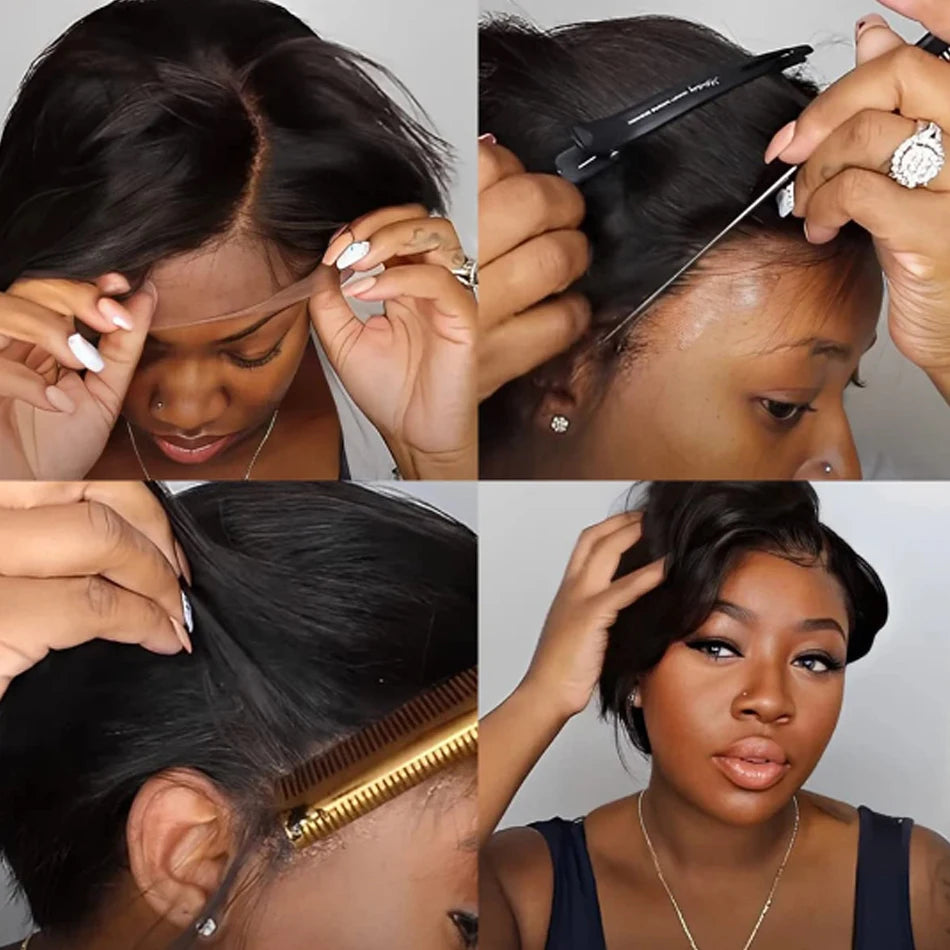 100% Human Hair 13X1 Short Pixie Cut Wigs Straight Bob HD Transparent Lace Frontal Wigs For Black Women 250Density Perruque