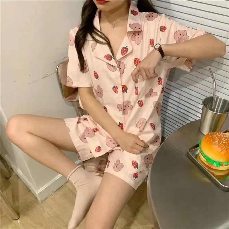 Cute Women's Summer Pajamas Set Cartoon Hello Kitty Nightgown Loose Soft Sleep Tops Short Sleeve Sweet Girls Sleepwear Clothes