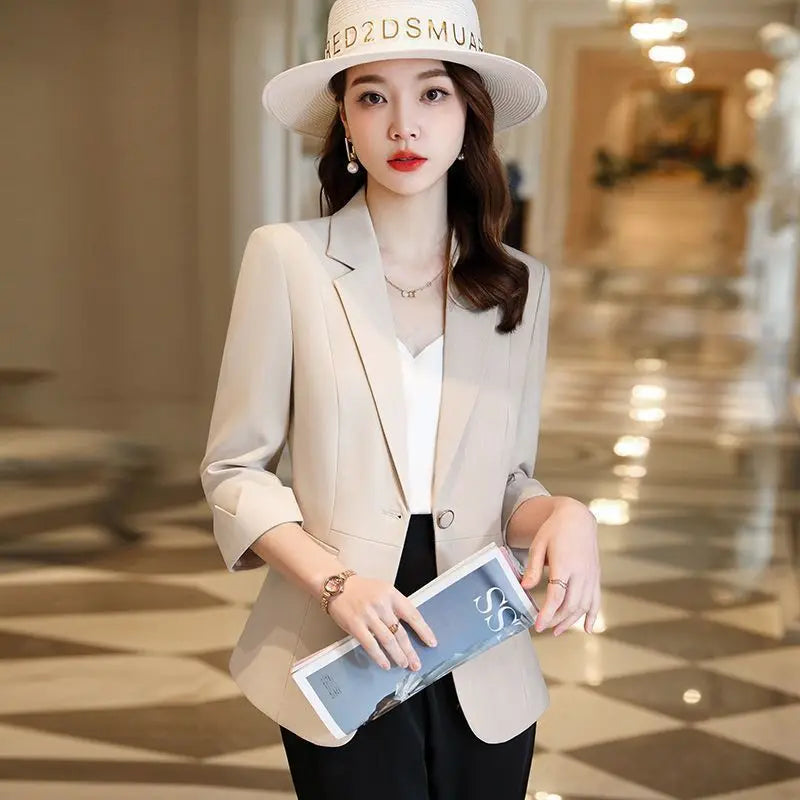 S-4XL Apricot Suit Jacket For Women's Summer Trench Coat Green 2024 New Short Cut Slim Fit Temperament Women's Thin Blazer Lady