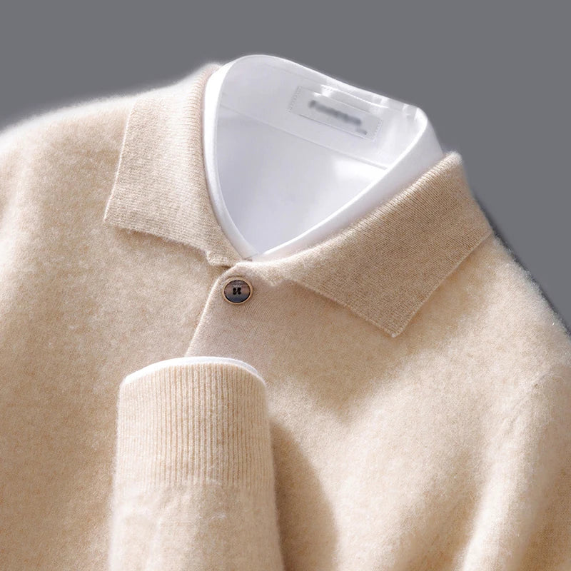 Autumn And Winter New 100 Pure Wool Sweater Men's POLO Collar Button Loose Pullover Sweater Cashmere Knitted Bottoming Shirt