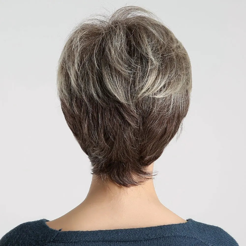 Short Pixie Cut Synthetic Wigs For Women Brown Mixed Blonde Wigs With Bangs Natural Looking Daily Use Hair Heat Resistant Fiber
